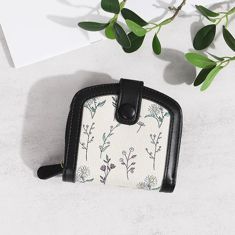 Fresh Floral Print Mini Wallet Short Zipper Design PU Leather Coin Purse Card Holder for Women Sweet Style Student Friendly