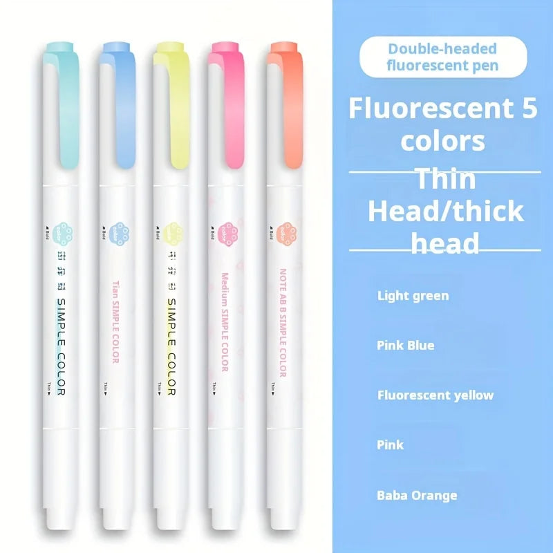 5 Colors Double Headed Highlighter Pen Set Fluorescent Drawing Markers Highlighters Pens Art Japanese Cute Pastel Stationery - élise & madelyn