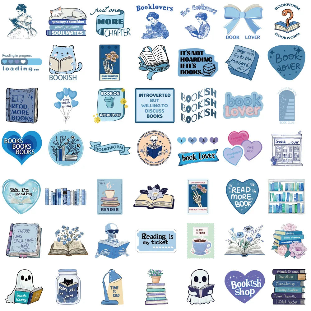 50PCS Blue Bookish Sticker Computer Graffiti DIY Case Desktop Phone Creative Art Picture Community DIY Decoration Stickers - élise & madelyn