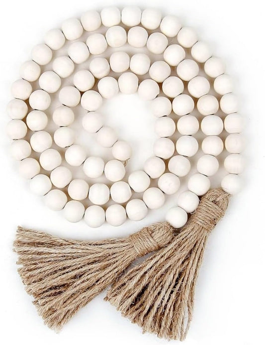 Wood Bead Garland with Tassels – Rustic Farmhouse Shelf or Book Nook Decor - élise & madelyn