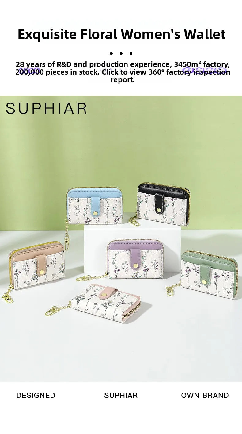 New Arrival Floral Zipper Mini Wallet Women's Compact Coin Purse Multi-Functional Storage Card Holder Fashionable PU Leather