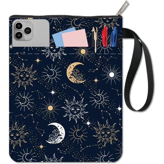 1 pc Sun Moon Star Book Sleeve with Zipper Galaxy Boho Book Protector Pouch for Paperback Black Space Waterproof Fabric - élise & madelyn
