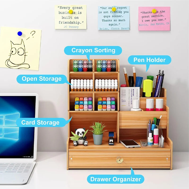 Wooden Desk Organiser DIY Desktop Tidy Pen Holder Large Capacity Stationery Storage Box with Drawer for Home Office and School - élise & madelyn