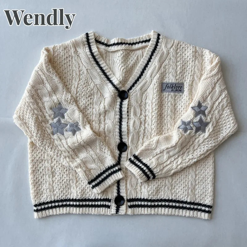 Beige Folklore Cardigan Women Letter Patch with Star Embroidered Knitted Sweater Female Winter Autumn Casual Oversized Cardigans - élise & madelyn