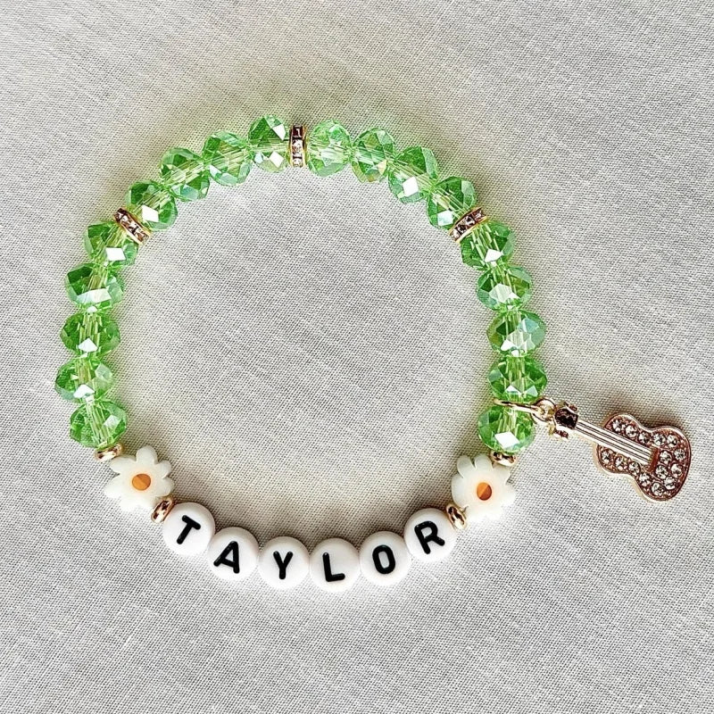 Debut-Era Inspired Friendship Bracelet – Green Crystal Beads & Guitar Charm | Aesthetic Fan Gift - élise & madelyn
