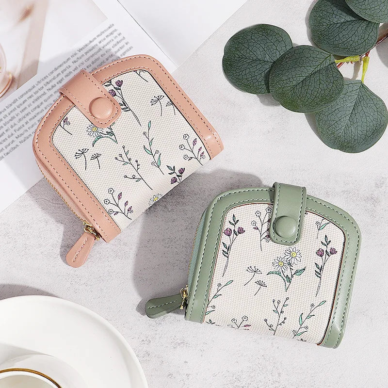 Fresh Floral Print Mini Wallet Short Zipper Design PU Leather Coin Purse Card Holder for Women Sweet Style Student Friendly