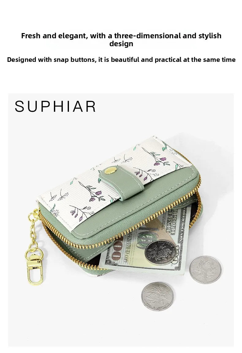 New Arrival Floral Zipper Mini Wallet Women's Compact Coin Purse Multi-Functional Storage Card Holder Fashionable PU Leather