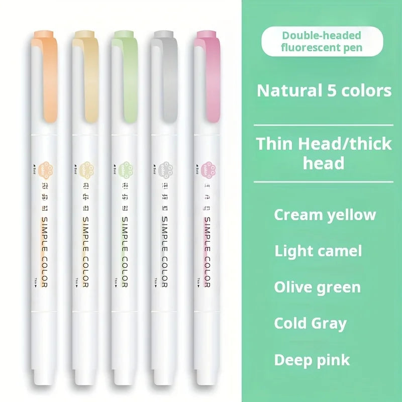 5 Colors Double Headed Highlighter Pen Set Fluorescent Drawing Markers Highlighters Pens Art Japanese Cute Pastel Stationery - élise & madelyn