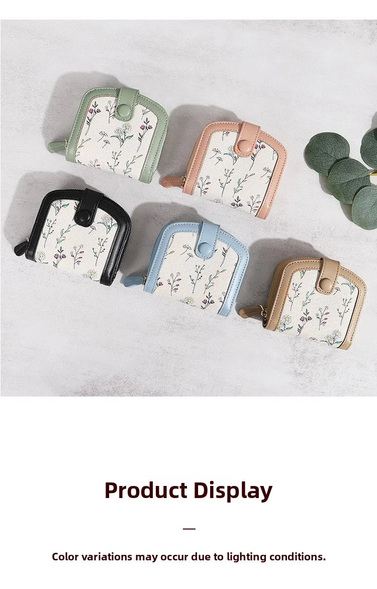 Fresh Floral Print Mini Wallet Short Zipper Design PU Leather Coin Purse Card Holder for Women Sweet Style Student Friendly