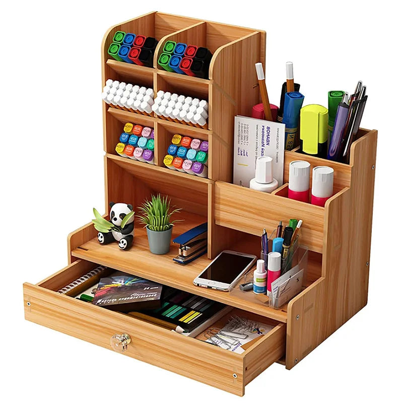 Wooden Desk Organiser DIY Desktop Tidy Pen Holder Large Capacity Stationery Storage Box with Drawer for Home Office and School - élise & madelyn