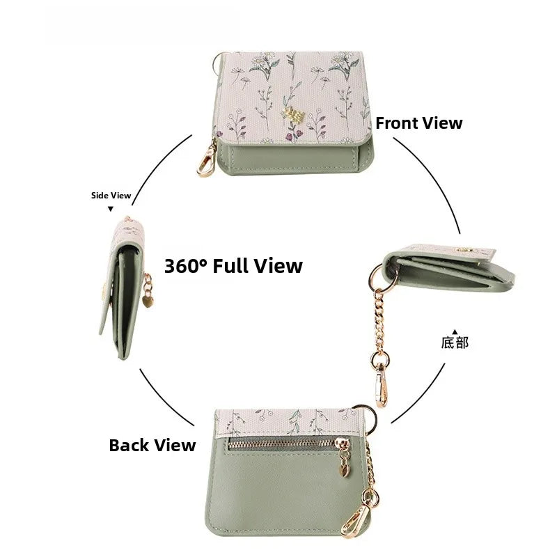 Portable Thin PU Floral Card Holder Women's Compact Keychain Coin Purse Spring Summer Versatile Lightweight Wear Resistant