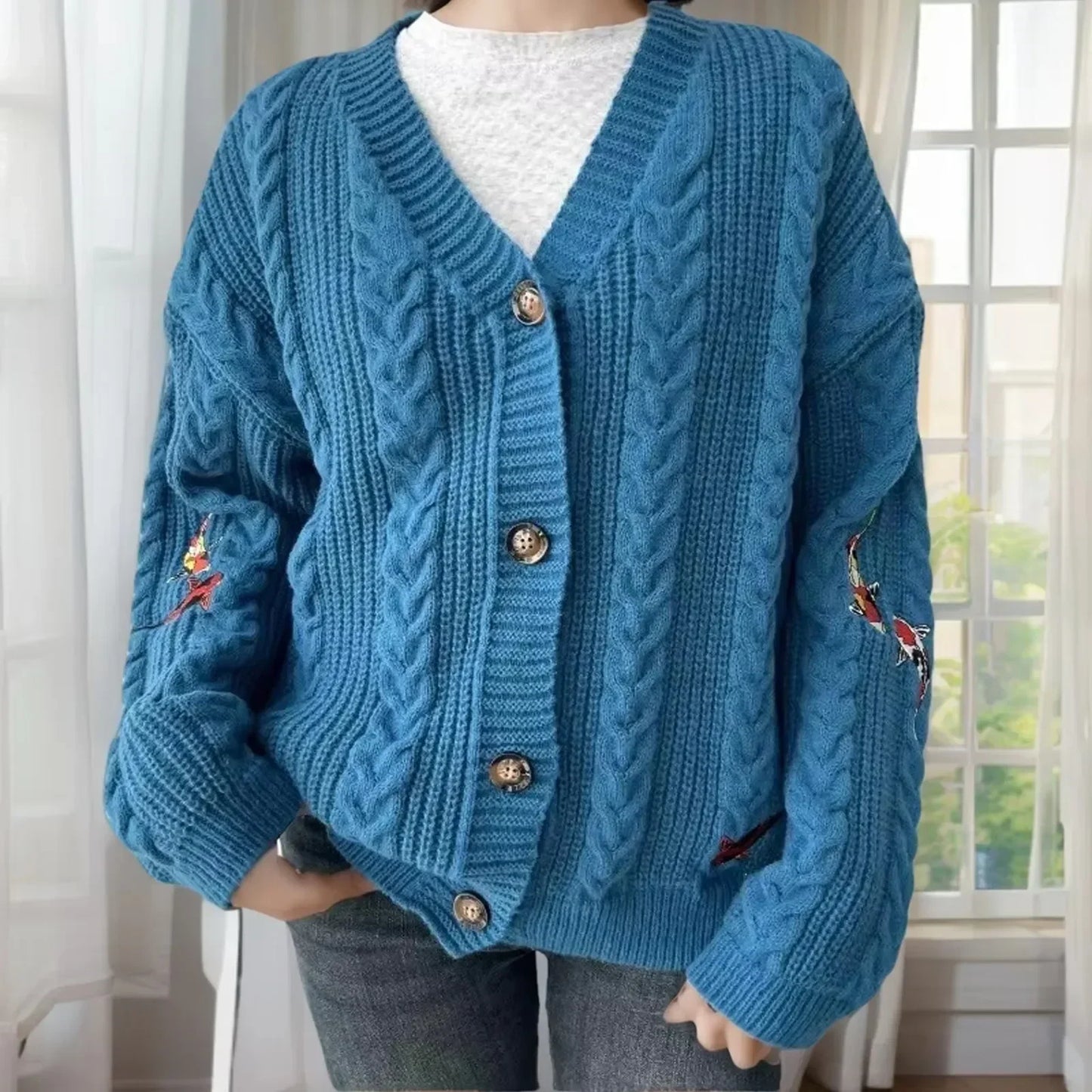 2025 Spring Women Trend ttpd Loose Fitting Floral Embroidered Knitted Cardigan Y2k Regulai Fit Blue Koi Cardigans Female - élise & madelyn