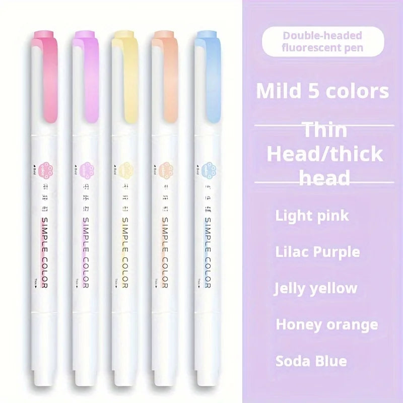 5 Colors Double Headed Highlighter Pen Set Fluorescent Drawing Markers Highlighters Pens Art Japanese Cute Pastel Stationery - élise & madelyn