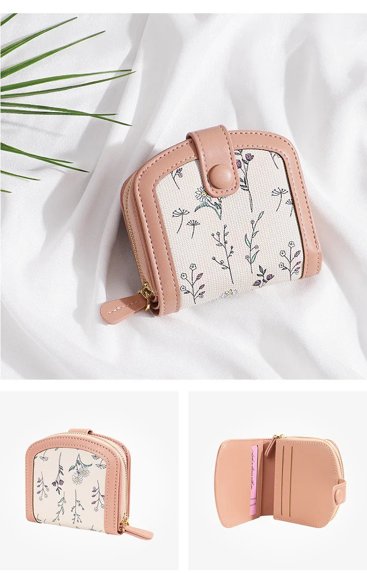 Fresh Floral Print Mini Wallet Short Zipper Design PU Leather Coin Purse Card Holder for Women Sweet Style Student Friendly