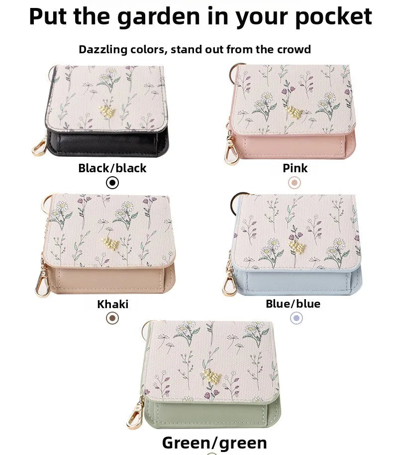 Portable Thin PU Floral Card Holder Women's Compact Keychain Coin Purse Spring Summer Versatile Lightweight Wear Resistant
