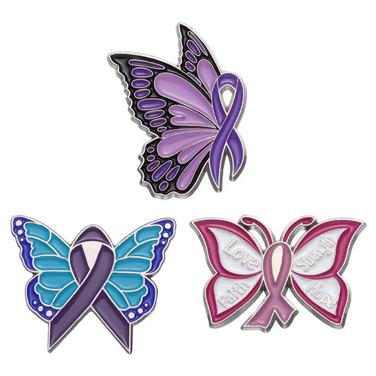 Pink Butterfly Enamel Awareness Pin – Breast Cancer & Purple Awareness Month Symbol Brooch