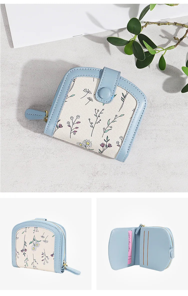 Fresh Floral Print Mini Wallet Short Zipper Design PU Leather Coin Purse Card Holder for Women Sweet Style Student Friendly