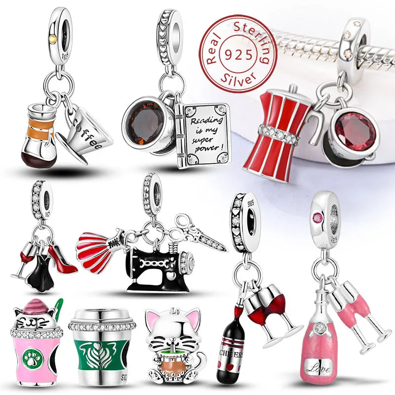Fit Original 925 Sterling Silver Charms Beads Wine Glass Coffee Cup Charms Pendant For Women Bracelet Charms DIY Jewelry Gift - élise & madelyn