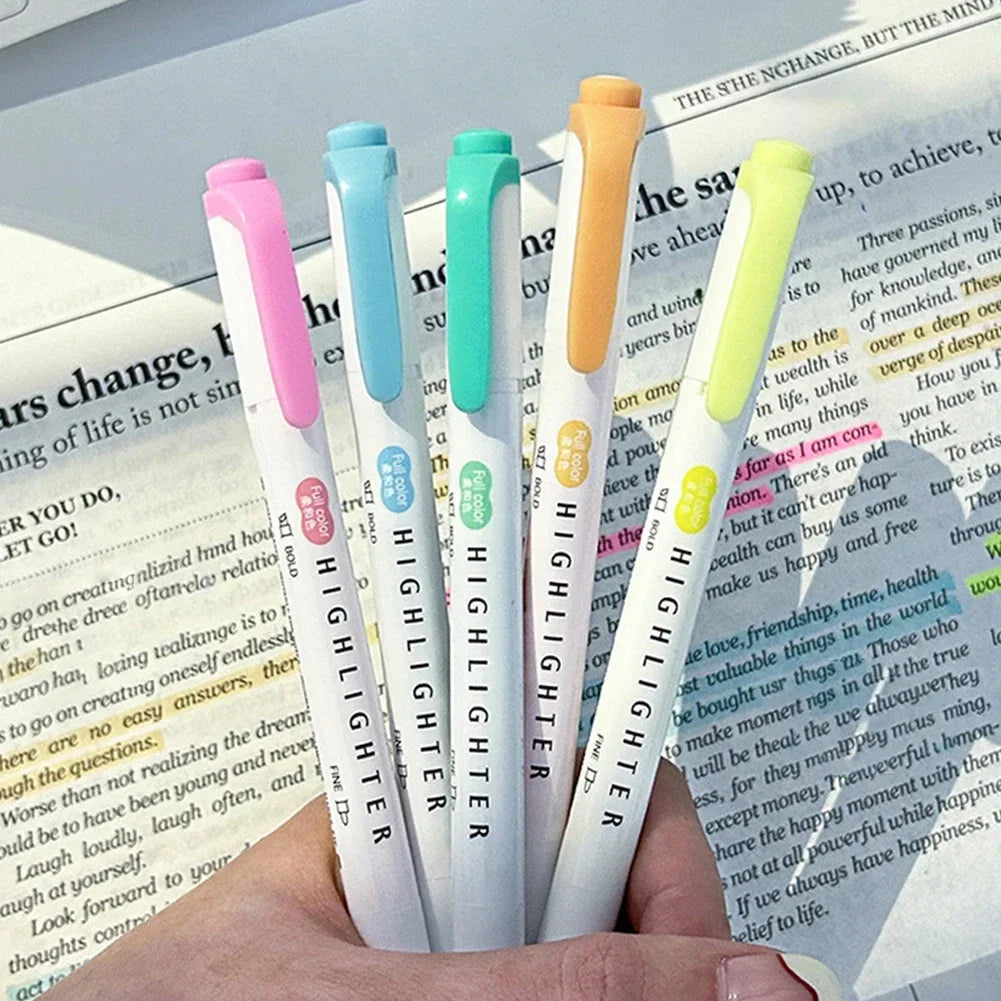 5 Colors Double Headed Highlighter Pen Set Fluorescent Drawing Markers Highlighters Pens Art Japanese Cute Pastel Stationery - élise & madelyn