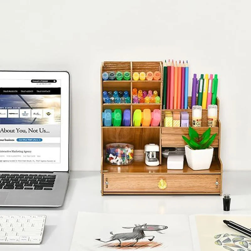 Wooden Desk Organiser DIY Desktop Tidy Pen Holder Large Capacity Stationery Storage Box with Drawer for Home Office and School - élise & madelyn
