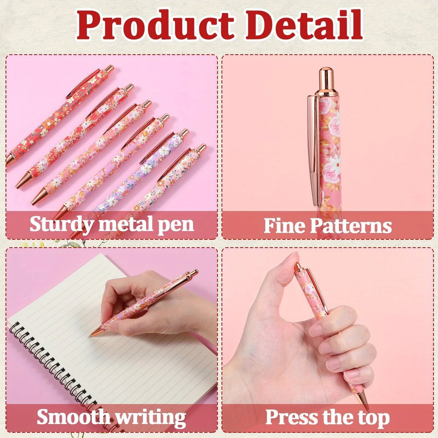 12pcs Floral Art Ballpoint Pens, 1.0mm Fashionable Retractable Ballpoint Pen Black Ballpoint Personalized Pens - élise & madelyn