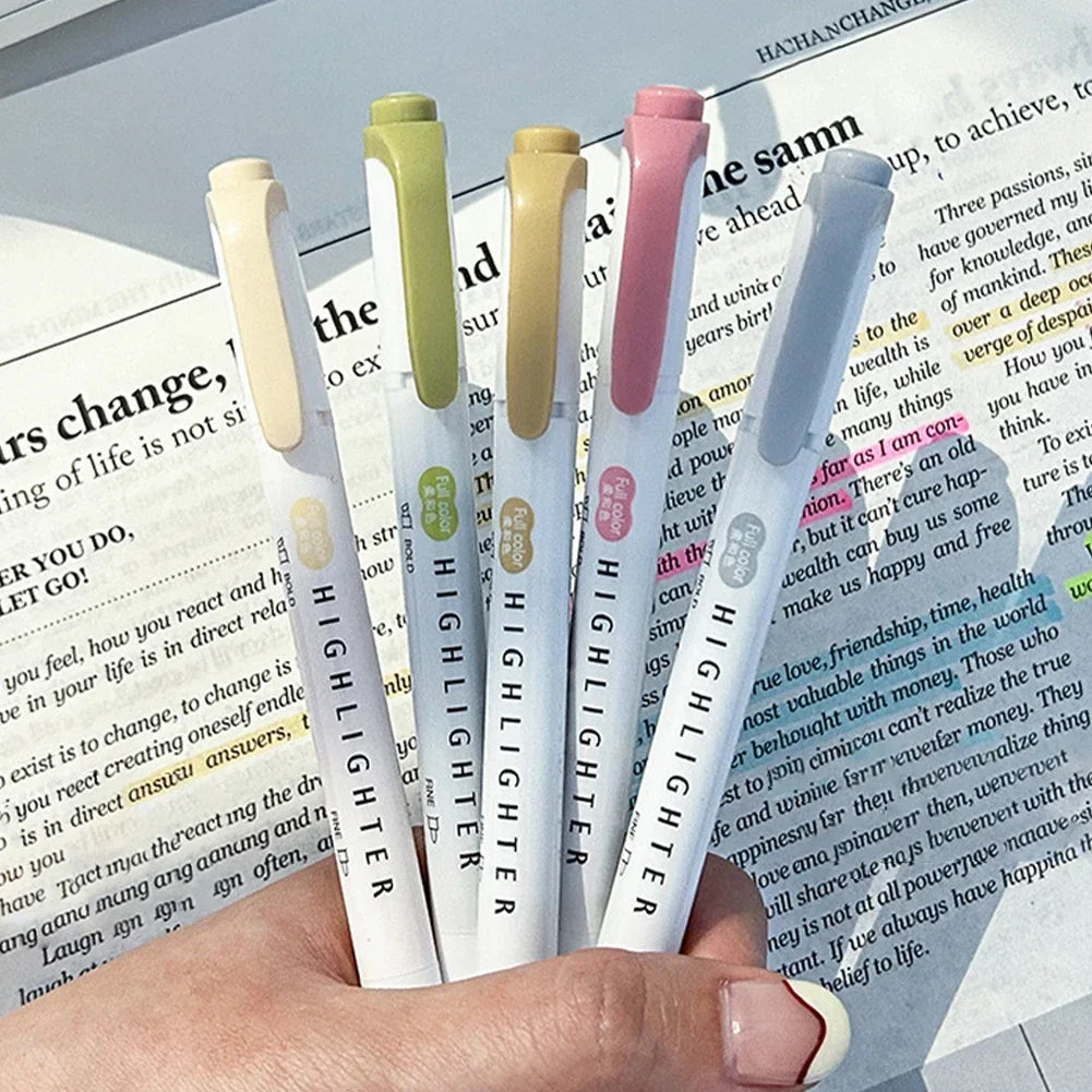 5 Colors Double Headed Highlighter Pen Set Fluorescent Drawing Markers Highlighters Pens Art Japanese Cute Pastel Stationery - élise & madelyn