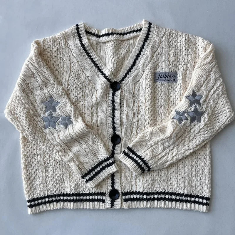 Beige Folklore Cardigan Women Letter Patch with Star Embroidered Knitted Sweater Female Winter Autumn Casual Oversized Cardigans - élise & madelyn