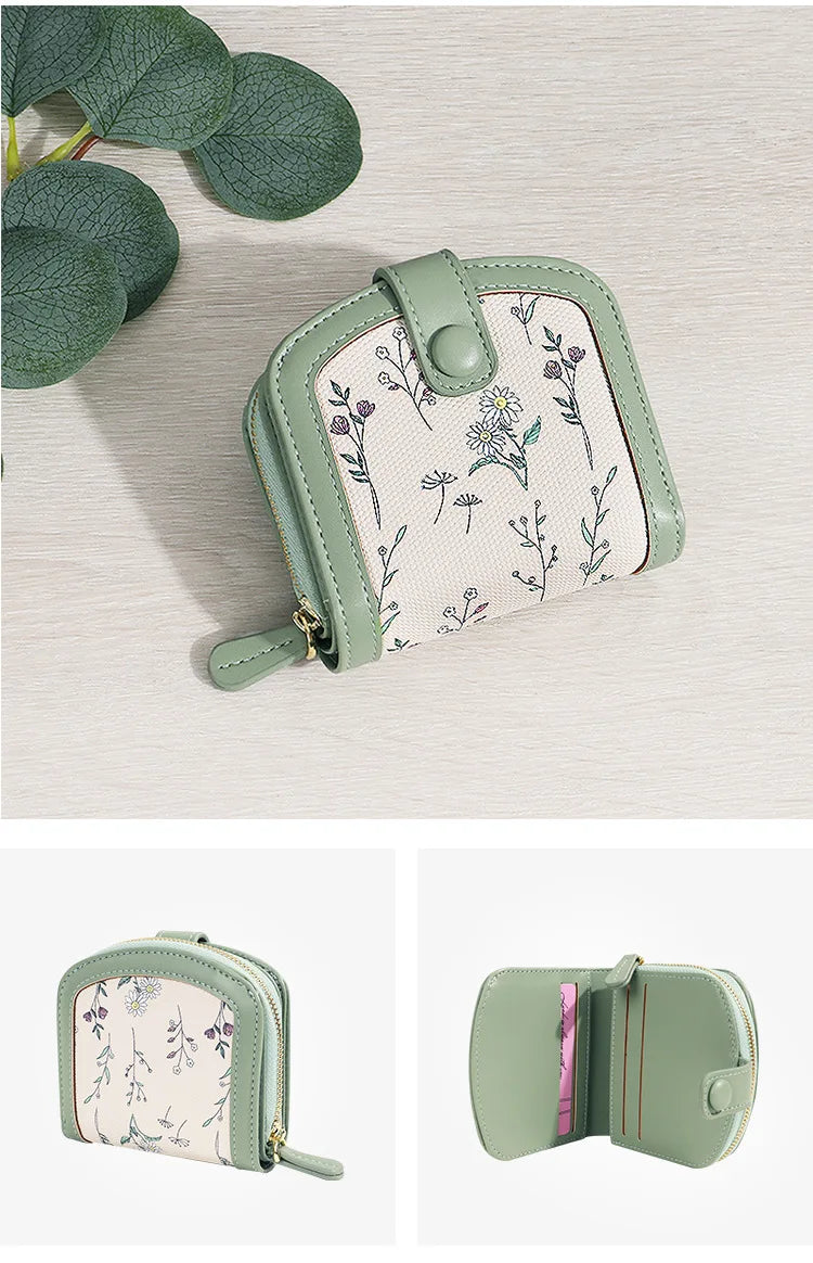 Fresh Floral Print Mini Wallet Short Zipper Design PU Leather Coin Purse Card Holder for Women Sweet Style Student Friendly