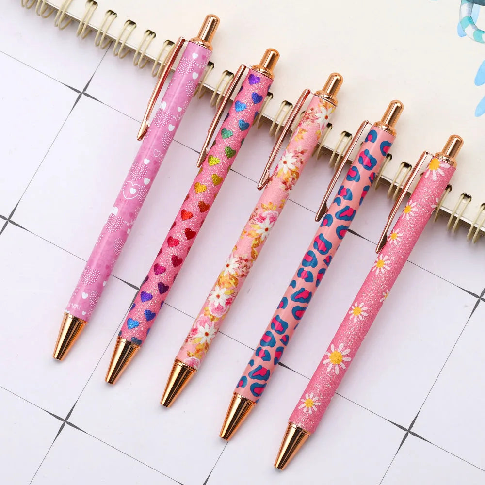 Lytwtw's Press Ballpoint Pen Luxury Cute Kawaii Pink Roseo Metal Stationery School Office Supplies Spinning 5 Pieces - élise & madelyn