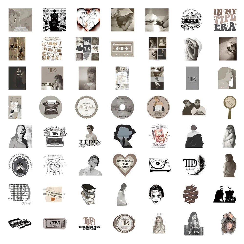 Tortured Poets Inspired Aesthetic Sticker Packs – Waterproof Vinyl Stickers (10–110 pcs) - élise & madelyn