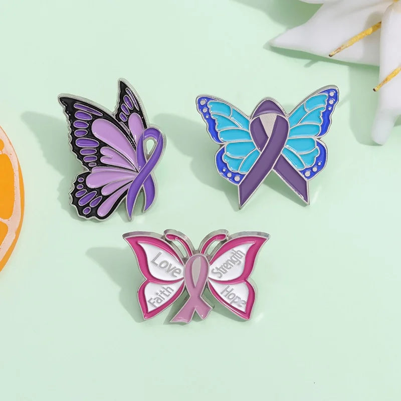 Pink Butterfly Enamel Awareness Pin – Breast Cancer & Purple Awareness Month Symbol Brooch