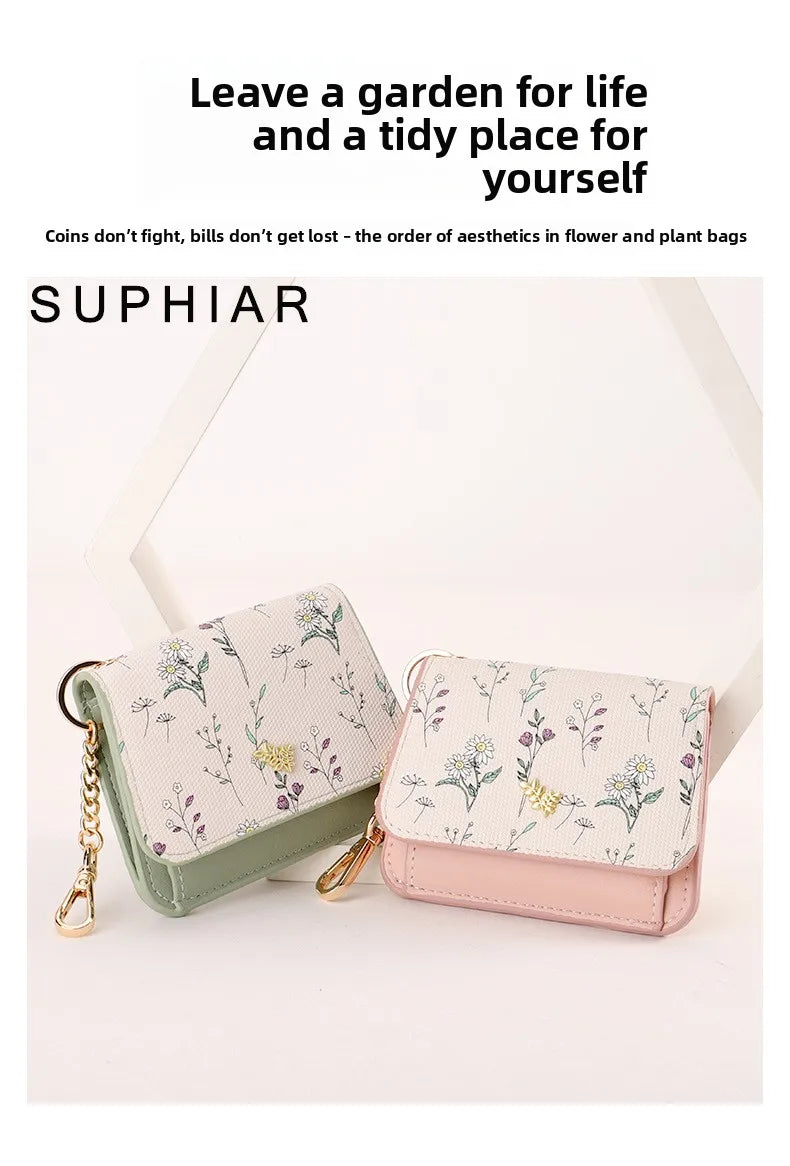 Portable Thin PU Floral Card Holder Women's Compact Keychain Coin Purse Spring Summer Versatile Lightweight Wear Resistant