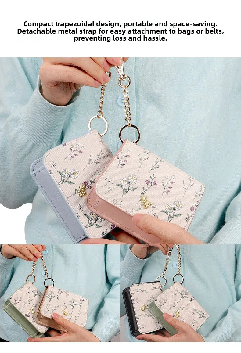 Portable Thin PU Floral Card Holder Women's Compact Keychain Coin Purse Spring Summer Versatile Lightweight Wear Resistant