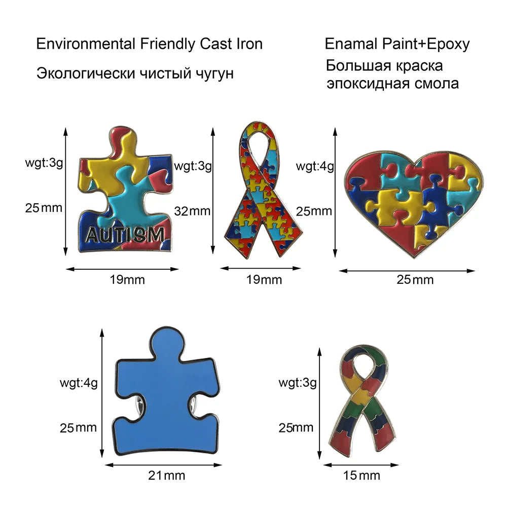 Autism Awareness Metal Lapel Pin, Puzzle  Ribbon and Heart Design Badge Brooch For Your Choose