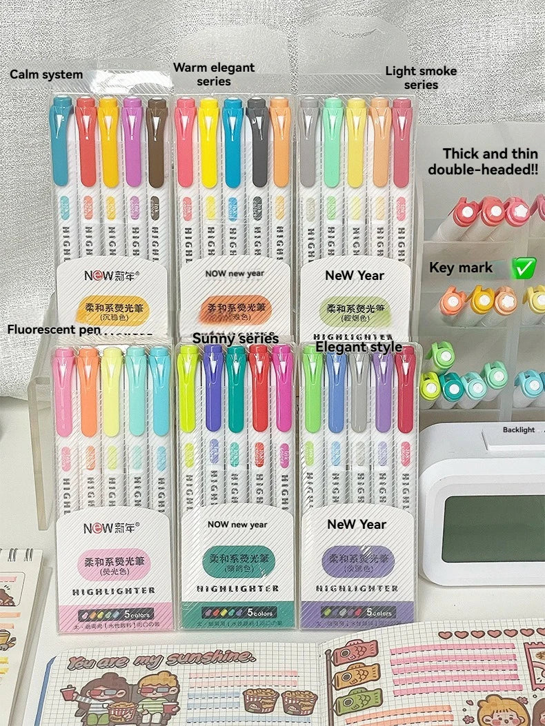 5/15PC Fluorescent Pen Set Student Marking Stroke Key Marking Pen High Beauty Color Handbook Pen Batch - élise & madelyn