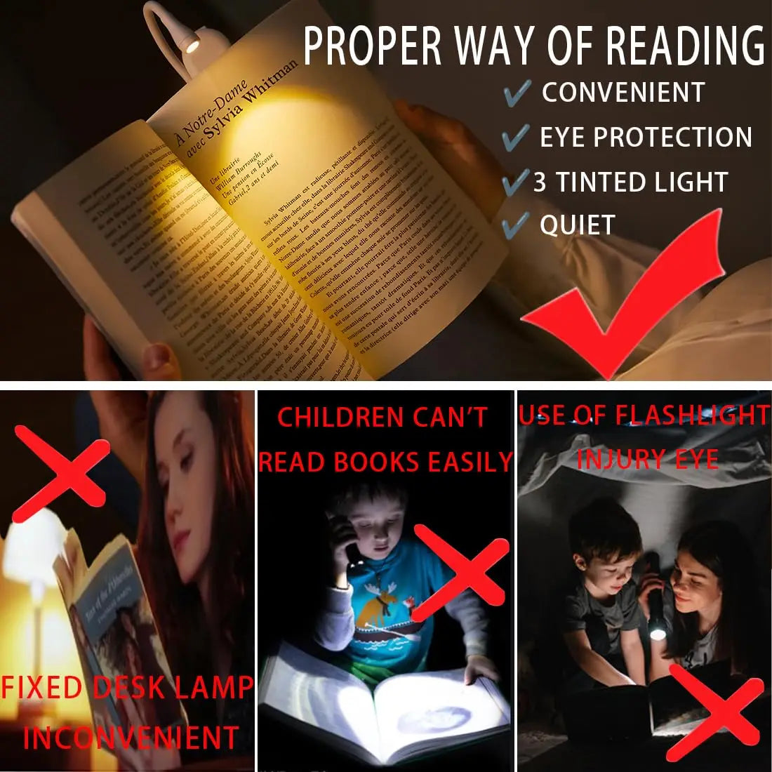 Portable Mini LED Book Light 3 Color Warm Cool White Rechargeable Clip 360° Flip Book Lamp for Travel Bedroom Reading Light - élise & madelyn