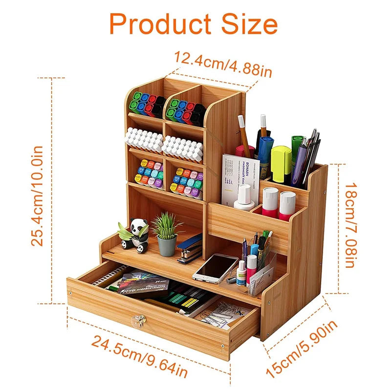 Wooden Desk Organiser DIY Desktop Tidy Pen Holder Large Capacity Stationery Storage Box with Drawer for Home Office and School - élise & madelyn