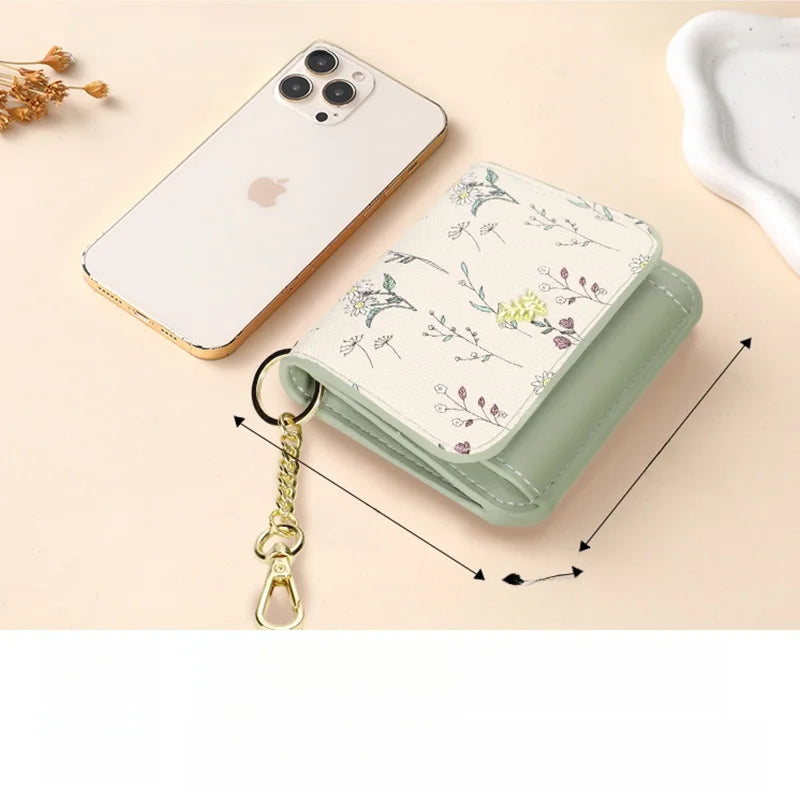 Portable Thin PU Floral Card Holder Women's Compact Keychain Coin Purse Spring Summer Versatile Lightweight Wear Resistant