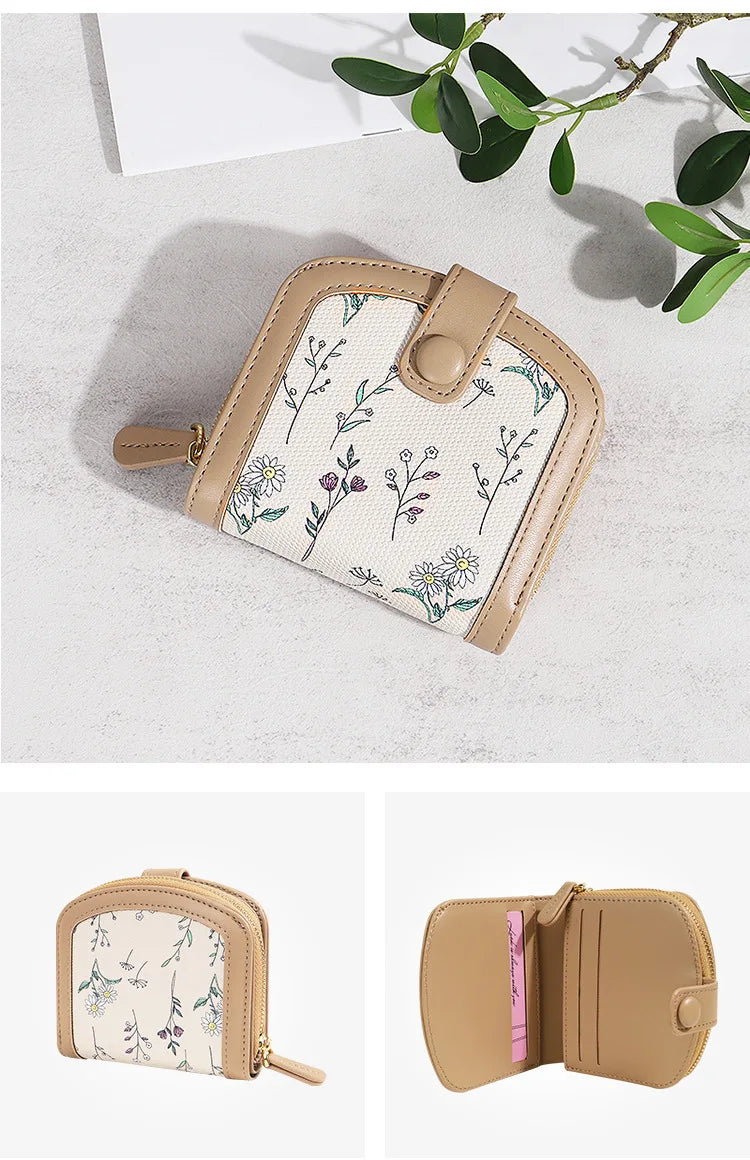 Fresh Floral Print Mini Wallet Short Zipper Design PU Leather Coin Purse Card Holder for Women Sweet Style Student Friendly
