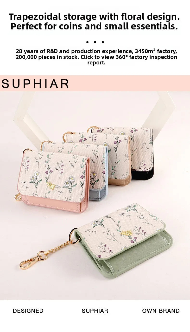 Portable Thin PU Floral Card Holder Women's Compact Keychain Coin Purse Spring Summer Versatile Lightweight Wear Resistant