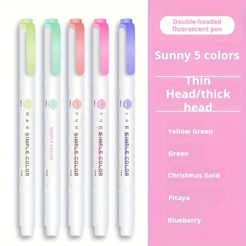5 Colors Double Headed Highlighter Pen Set Fluorescent Drawing Markers Highlighters Pens Art Japanese Cute Pastel Stationery - élise & madelyn