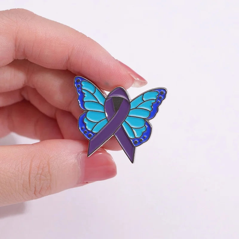 Pink Butterfly Enamel Awareness Pin – Breast Cancer & Purple Awareness Month Symbol Brooch