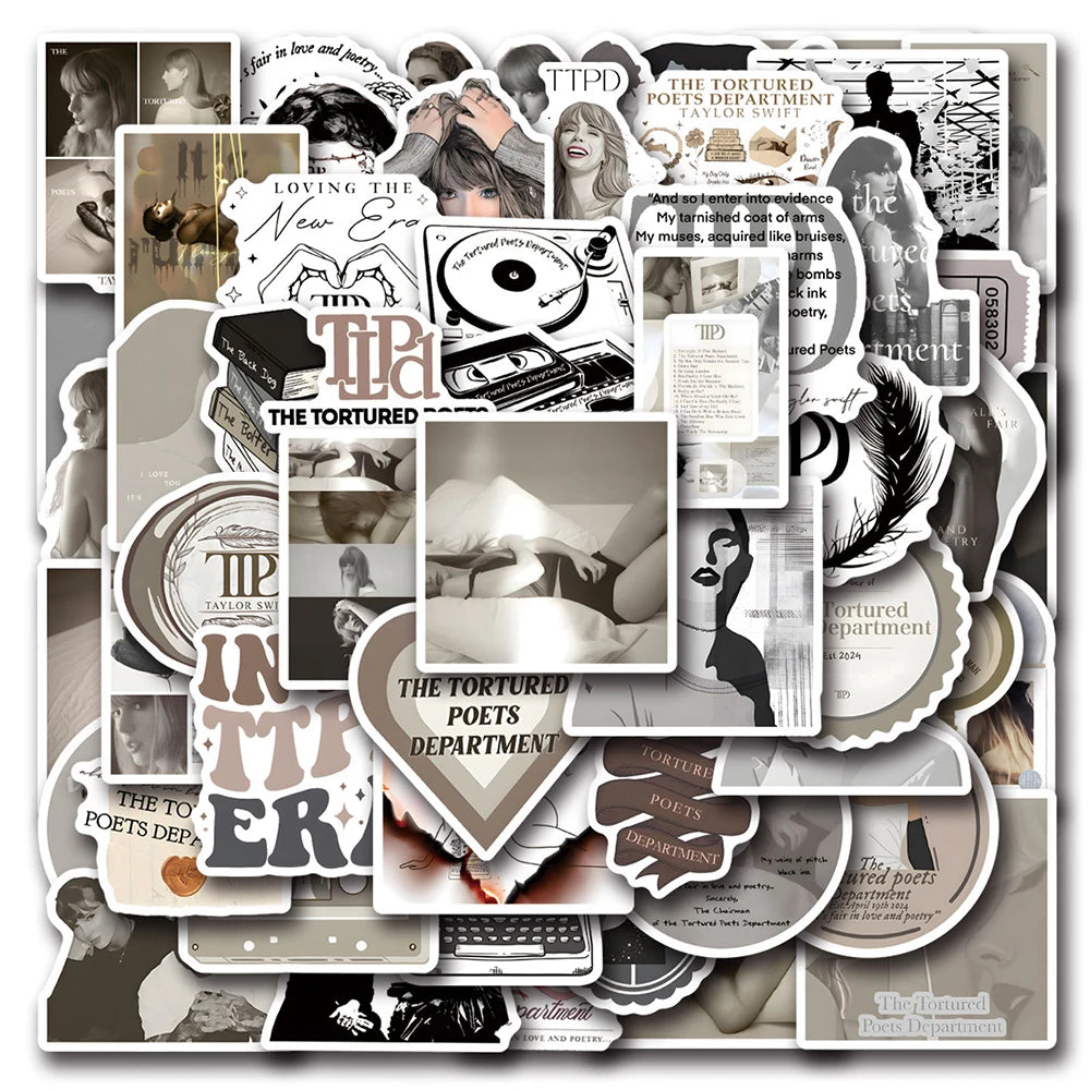 Tortured Poets Inspired Aesthetic Sticker Packs – Waterproof Vinyl Stickers (10–110 pcs) - élise & madelyn