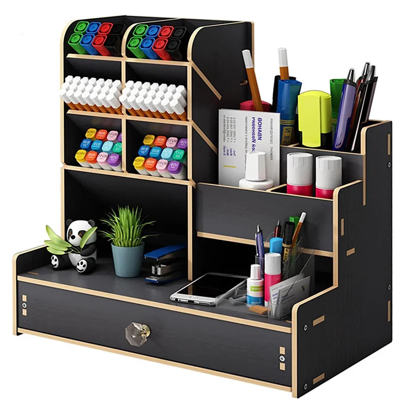 Wooden Desk Organiser DIY Desktop Tidy Pen Holder Large Capacity Stationery Storage Box with Drawer for Home Office and School - élise & madelyn