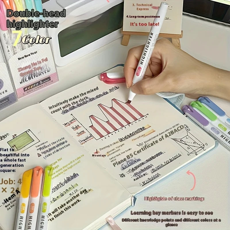 5 Colors Double Headed Highlighter Pen Set Fluorescent Drawing Markers Highlighters Pens Art Japanese Cute Pastel Stationery - élise & madelyn