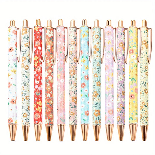 12pcs Floral Art Ballpoint Pens, 1.0mm Fashionable Retractable Ballpoint Pen Black Ballpoint Personalized Pens - élise & madelyn