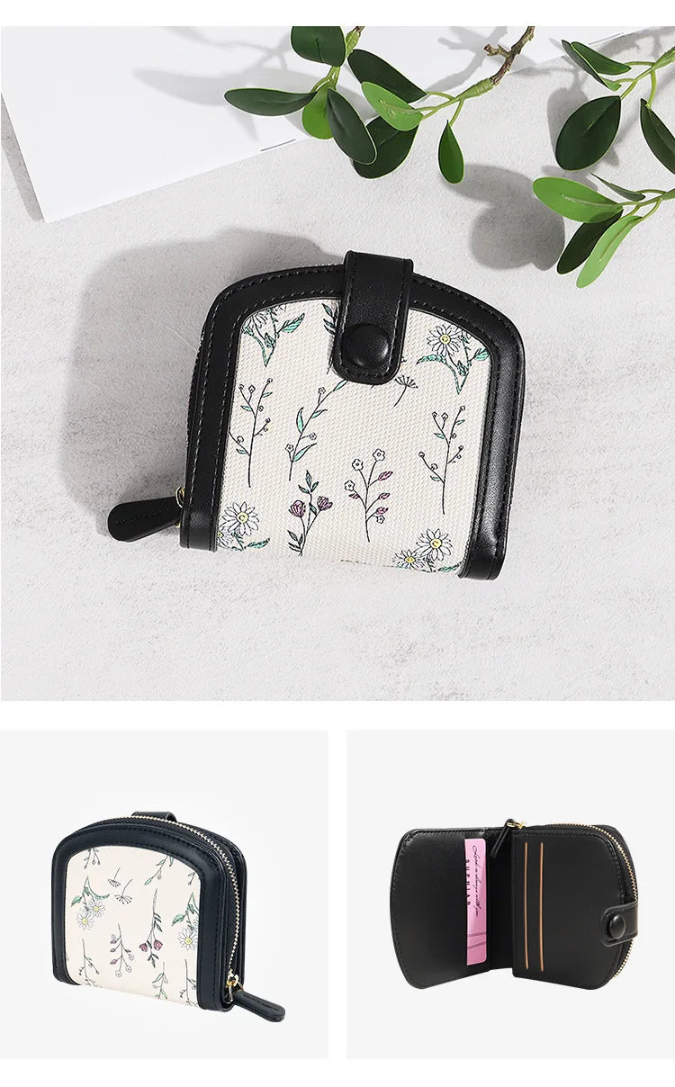 Fresh Floral Print Mini Wallet Short Zipper Design PU Leather Coin Purse Card Holder for Women Sweet Style Student Friendly