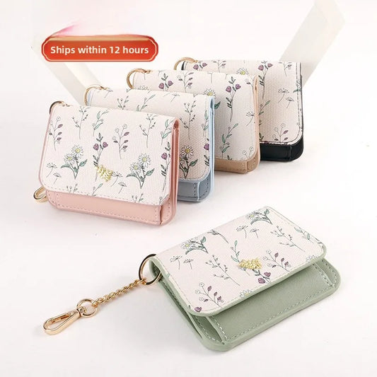 Portable Thin PU Floral Card Holder Women's Compact Keychain Coin Purse Spring Summer Versatile Lightweight Wear Resistant