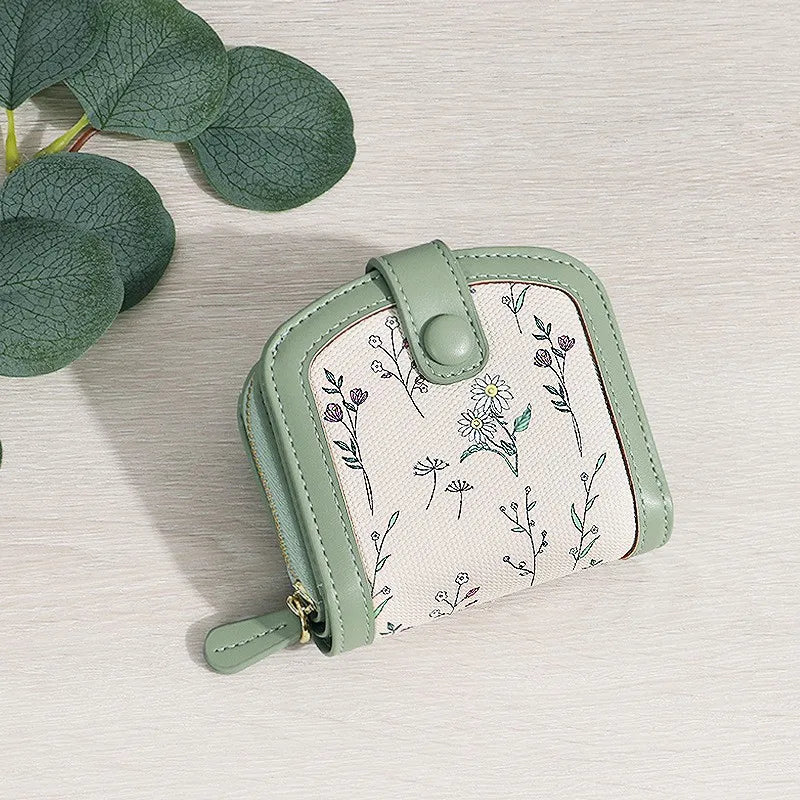 Fresh Floral Print Mini Wallet Short Zipper Design PU Leather Coin Purse Card Holder for Women Sweet Style Student Friendly