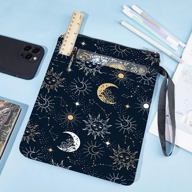 1 pc Sun Moon Star Book Sleeve with Zipper Galaxy Boho Book Protector Pouch for Paperback Black Space Waterproof Fabric - élise & madelyn
